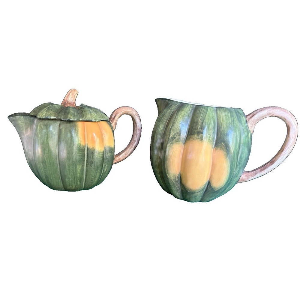 Vintage 1989 Fitz and Floyd Pumpkin Teapot & Creamer Set Green Harvest Gourd